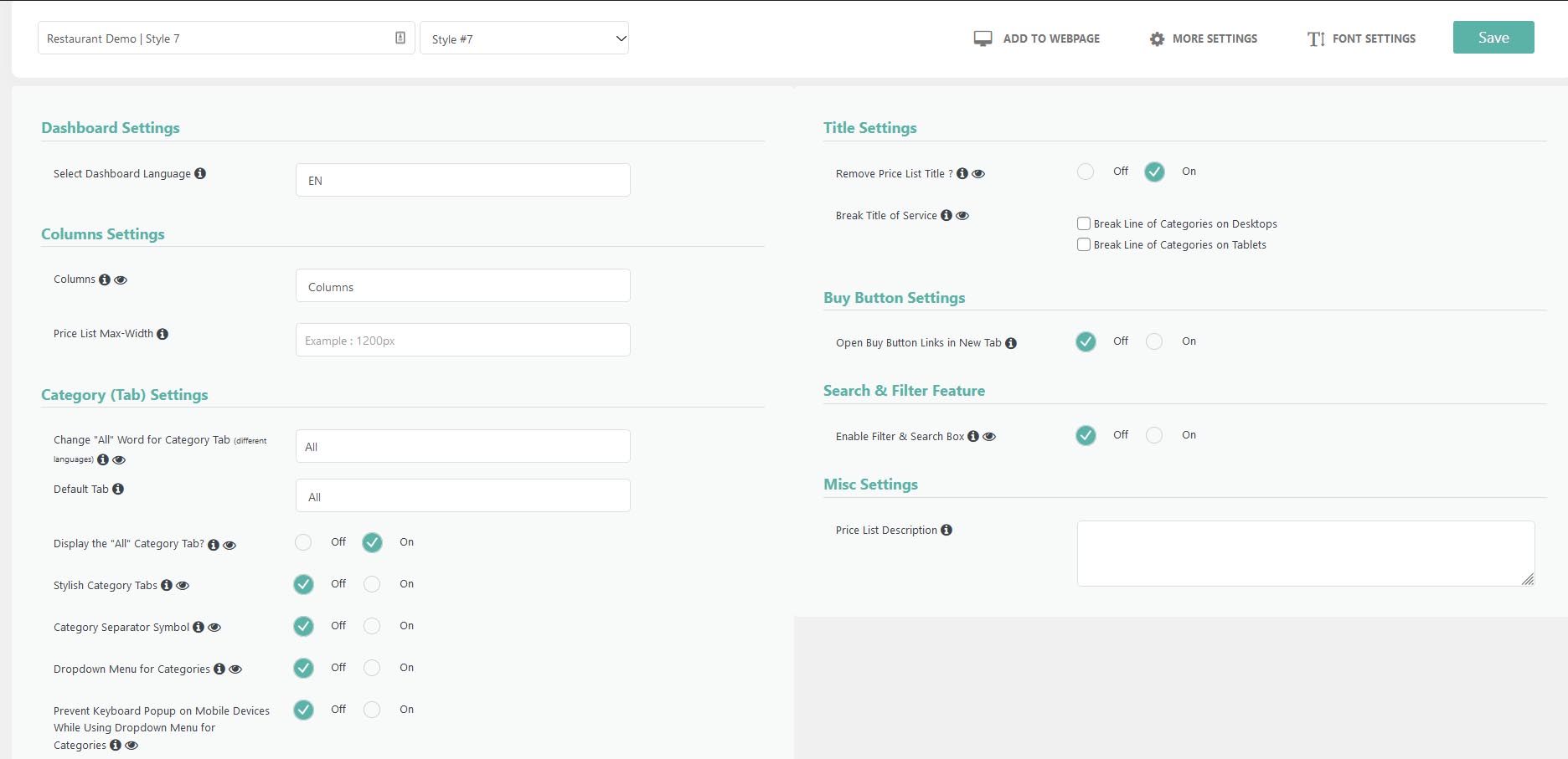 stylish price list more settings