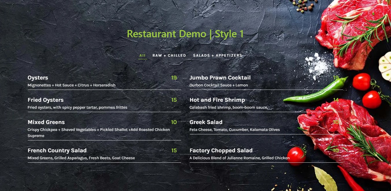 stylish price list restaurant demo