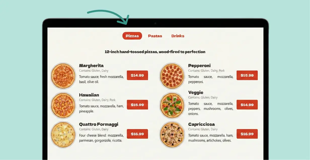 Restaurant menu price list showing pizza categories with tabbed navigation for pizzas, pastas, and drinks on desktop view