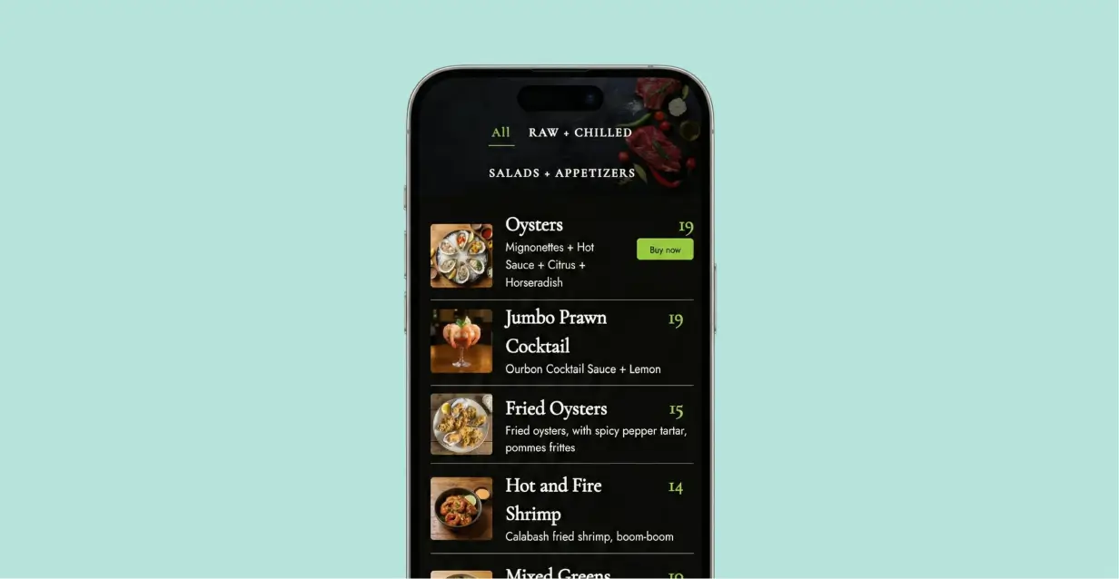 Restaurant price list mobile app showing categorized menu items with prices for seafood restaurant appetizers and entrees