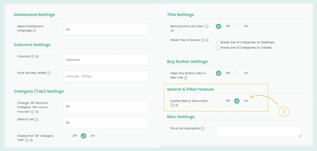 Search Filter Feature Settings