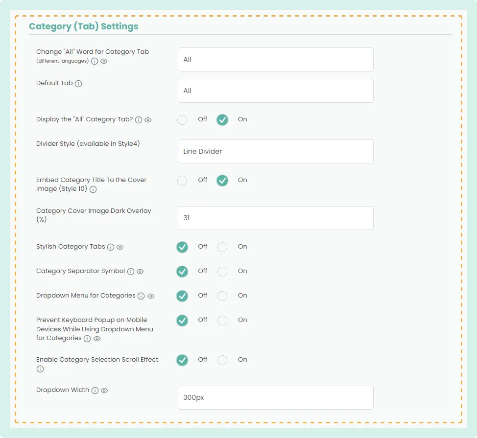 Sortable Category Tabs Settings and options