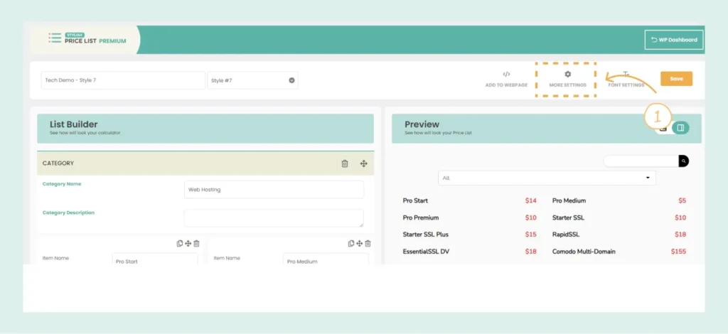 Stylish Price List Settings