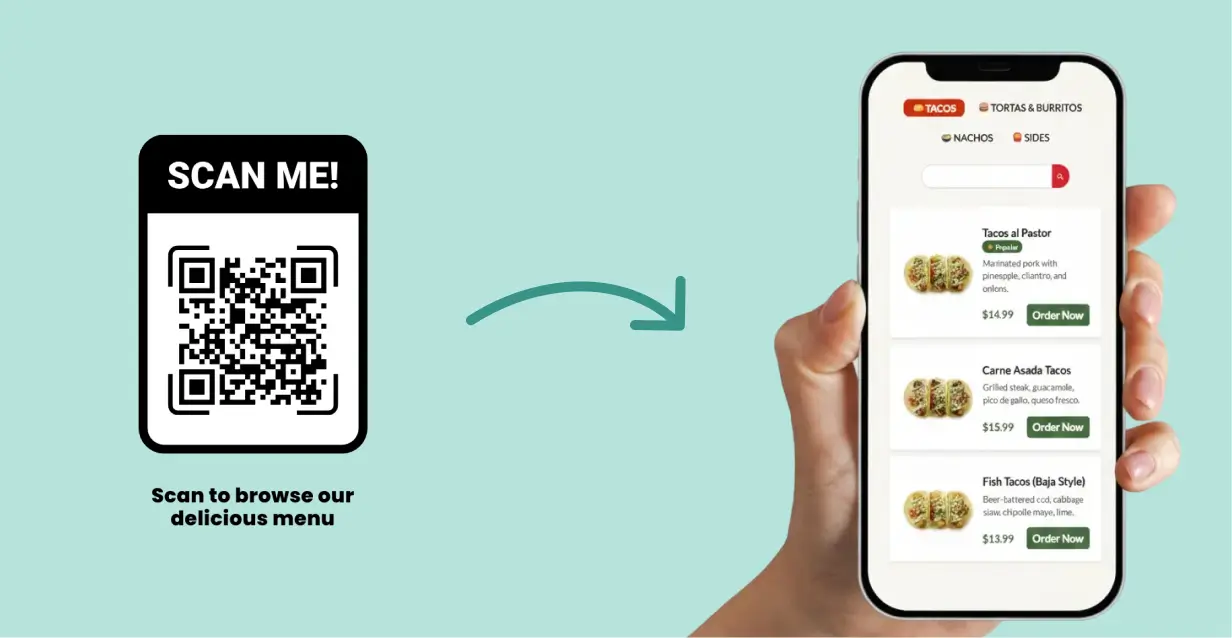 QR code menu for restaurant displaying scan to view digital price list on mobile phone with ordering capability (1)