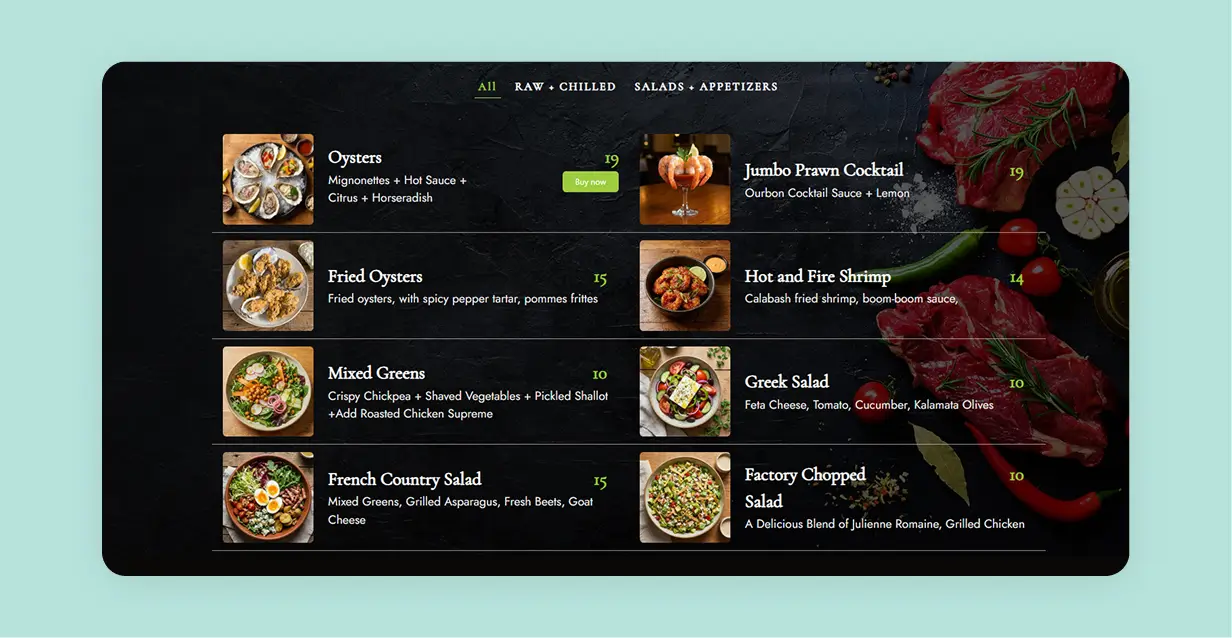 Restaurant price list with menu item images displaying appetizers and salads with photos, descriptions, and pricing